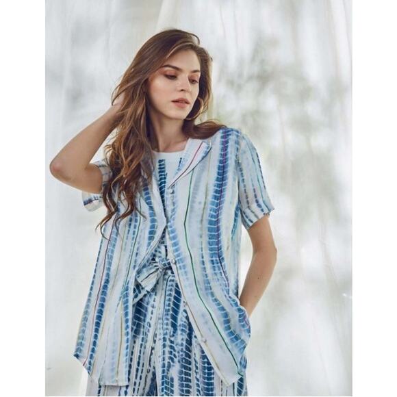Hemant & Nandita XS Blue Sheer Striped Button Down Blouse - Picture 1 of 7